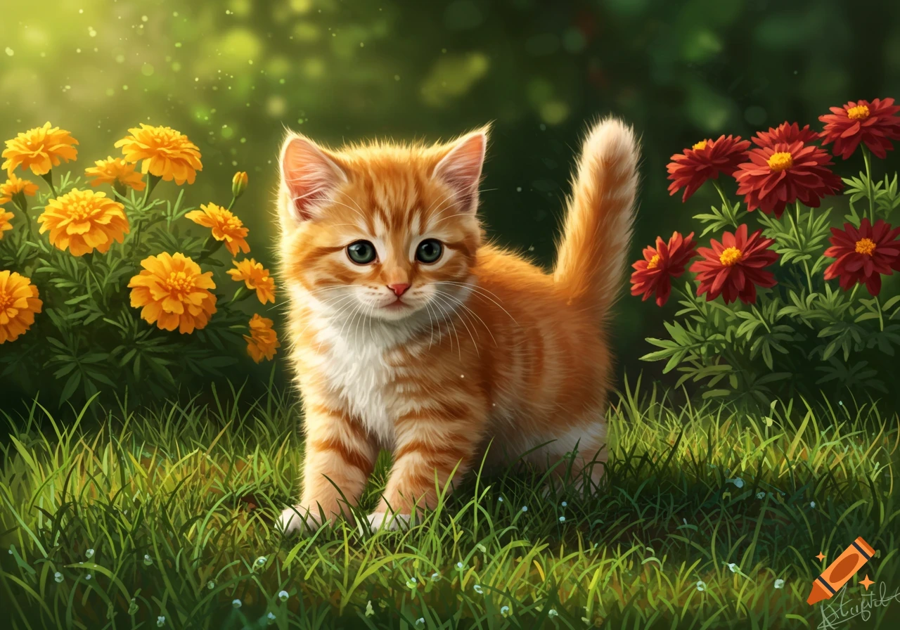 An adorable orange tabby kitten with green eyes stands in a lush green garden among bright orange and red flowers, with soft sunlight in the background.