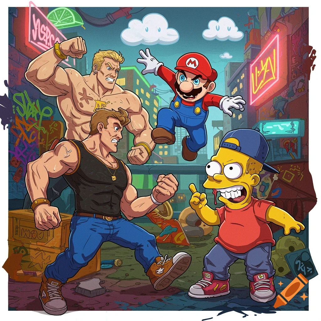 Cartoon crossover of muscular fighters, Mario, and a "thug" Bart Simpson in an urban street at night with neon signs.