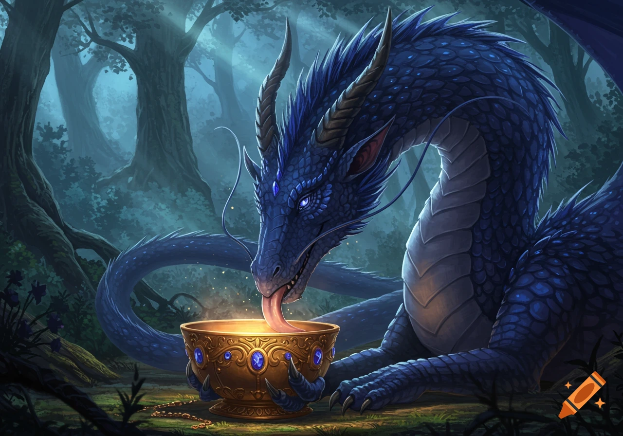 A blue dragon with horns and glowing eyes licks a golden, gem-encrusted bowl emitting magical light in a misty forest.