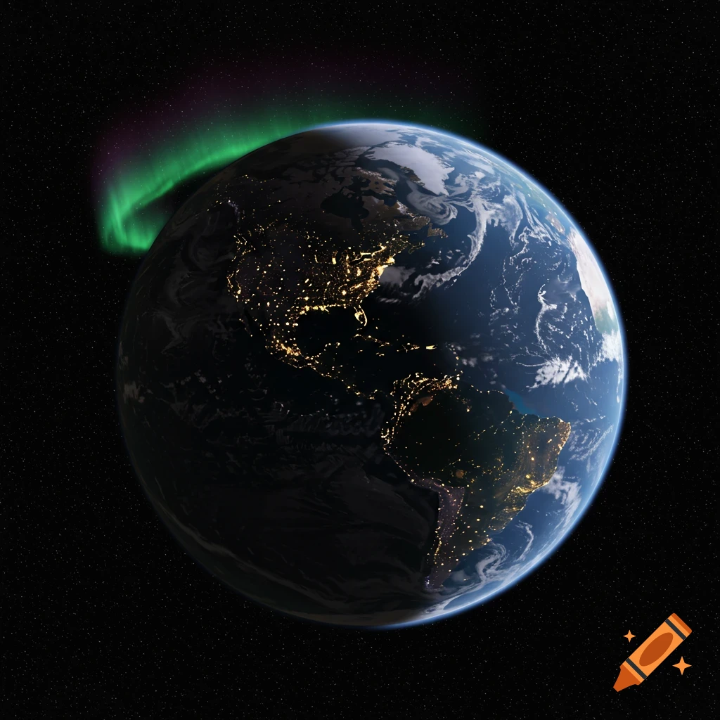Photorealistic image of Earth from space at night, showing city lights and a vibrant green aurora over the northern hemisphere.