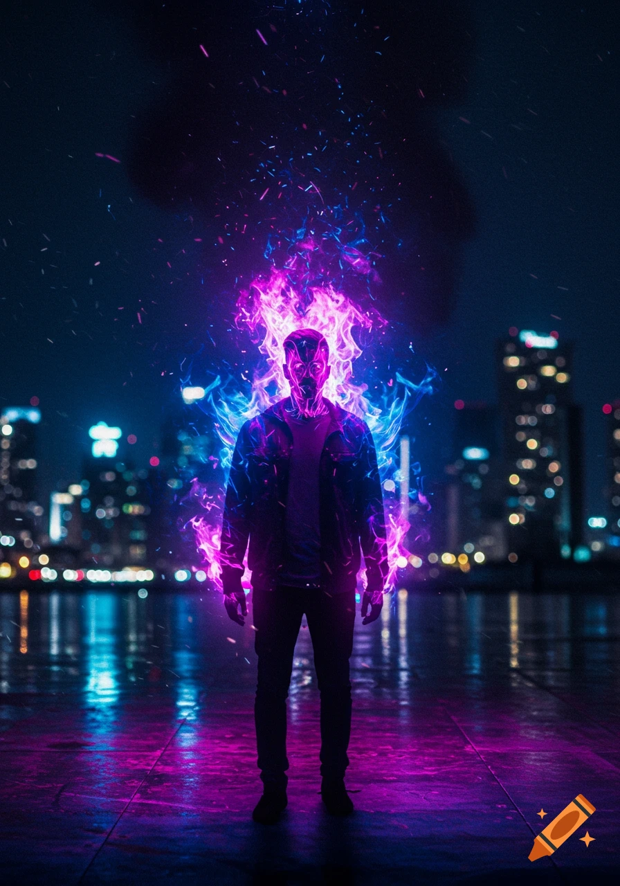 A person in a city at night, engulfed in glowing neon blue, purple, and magenta flames, with blurred city lights in the background.