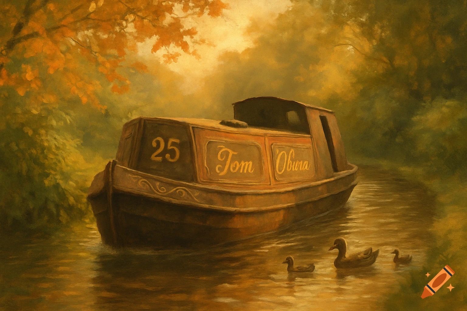 Painterly view of a canal boat named Tom Obura with the number 25, on a calm river with ducks and autumn trees.