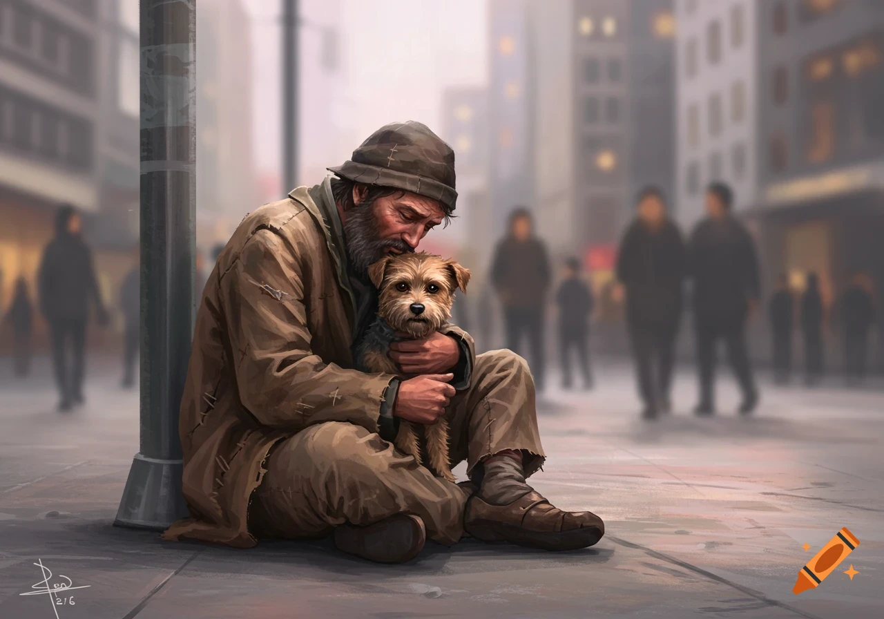 A man with a beard and a beanie sits on a city sidewalk, hugging a small terrier dog. Blurred city background.