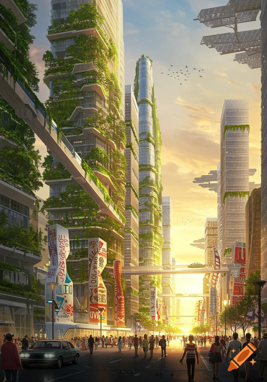 Bustling futuristic city with green skyscrapers, elevated walkways, and solar panels under a bright sky.
