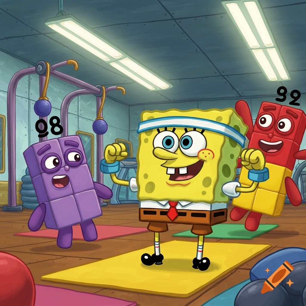 Spongebob SquarePants and two Numberblocks characters, one purple with '98' and one red with '92', exercising in a gym.