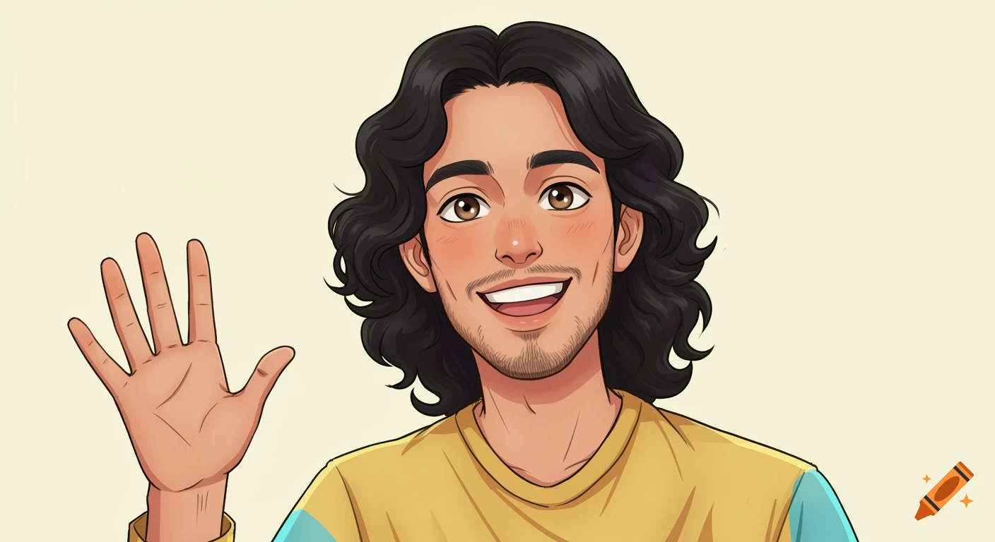 A friendly cartoon portrait of a young man with wavy black hair and a beard, smiling and waving at the viewer.