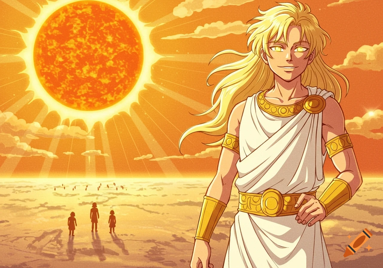 An anime-style illustration of a blond, golden-eyed sun god in a white toga with gold adornments, standing in a vast orange landscape under a giant sun, looking down at tiny human figures.