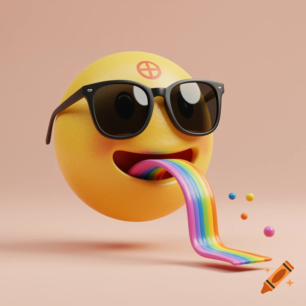 A 3D yellow smiley face with sunglasses and a target symbol on its forehead vomits a colorful rainbow.