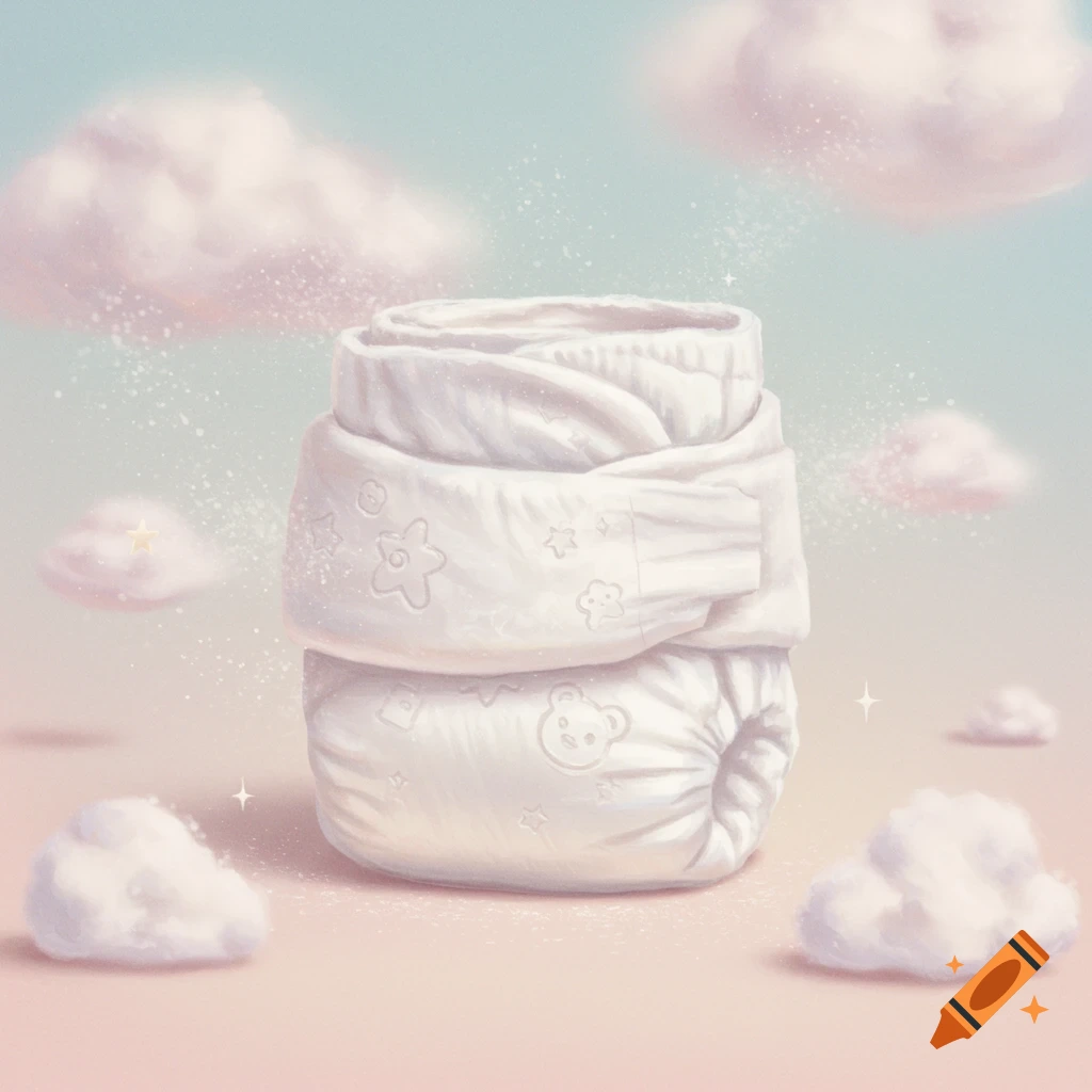 A white, rolled diaper with patterns stands among soft clouds in a dreamy, whimsical illustration.