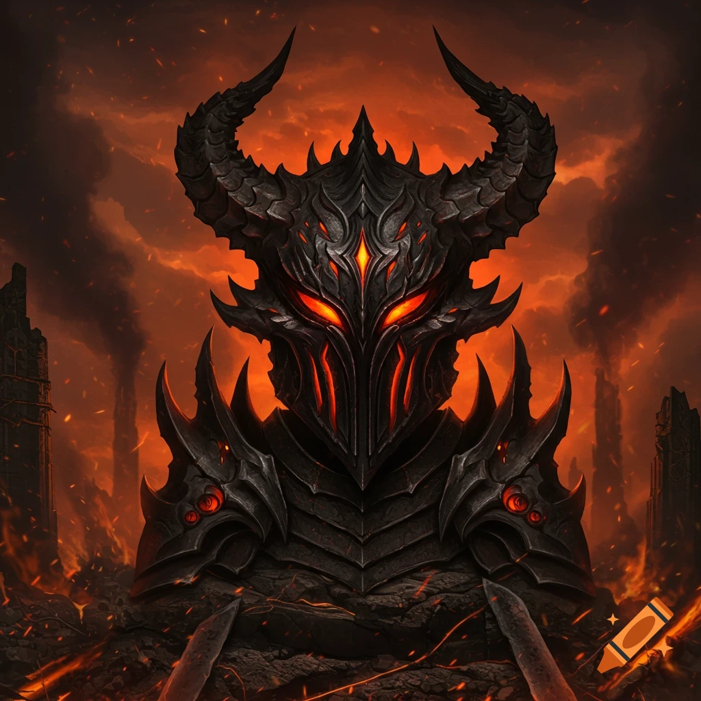 A menacing, dark horned helmet with glowing red eyes amidst a fiery, apocalyptic landscape with smoke and debris.