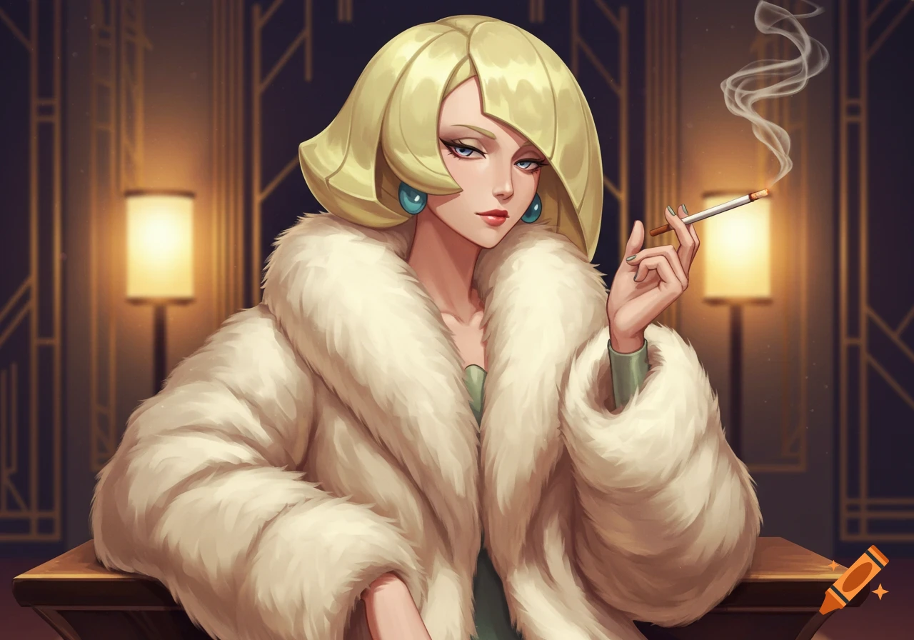 Anime illustration of Lusamine from Pokemon wearing a white fur coat and smoking a cigarette in a classy setting.