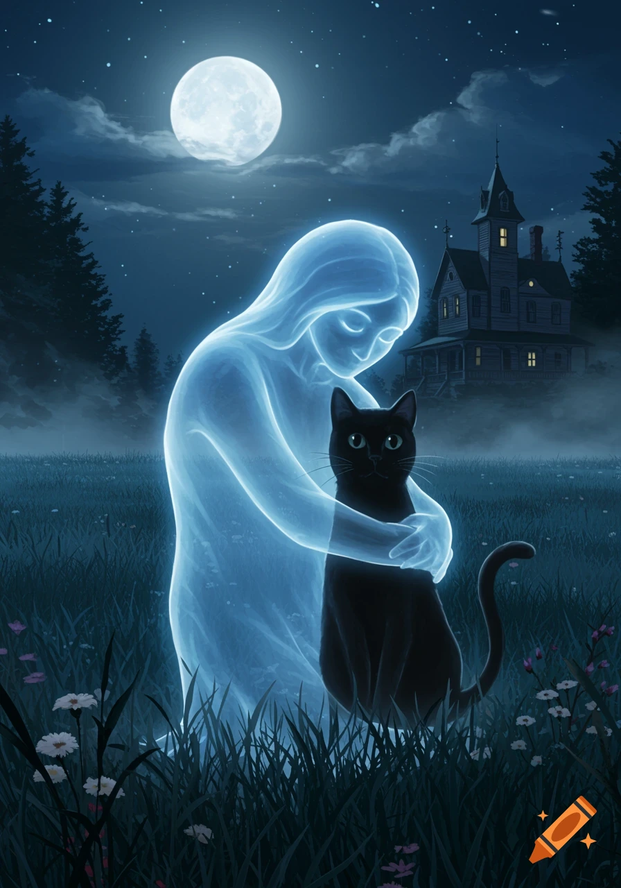 A glowing blue ghost figure cuddles a black cat in a moonlit field, with a Victorian house in the background.