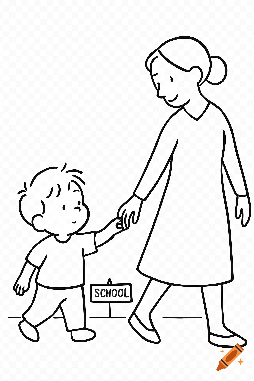 A black and white minimal line illustration of a child holding an adult's hand, walking past a school sign.