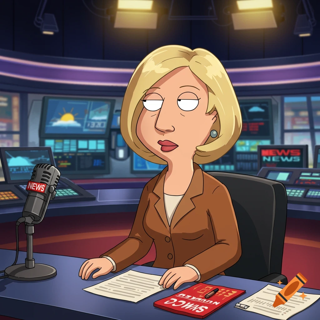 A blonde cartoon woman in a brown suit sits at a desk in a news studio, with a microphone in front of her.