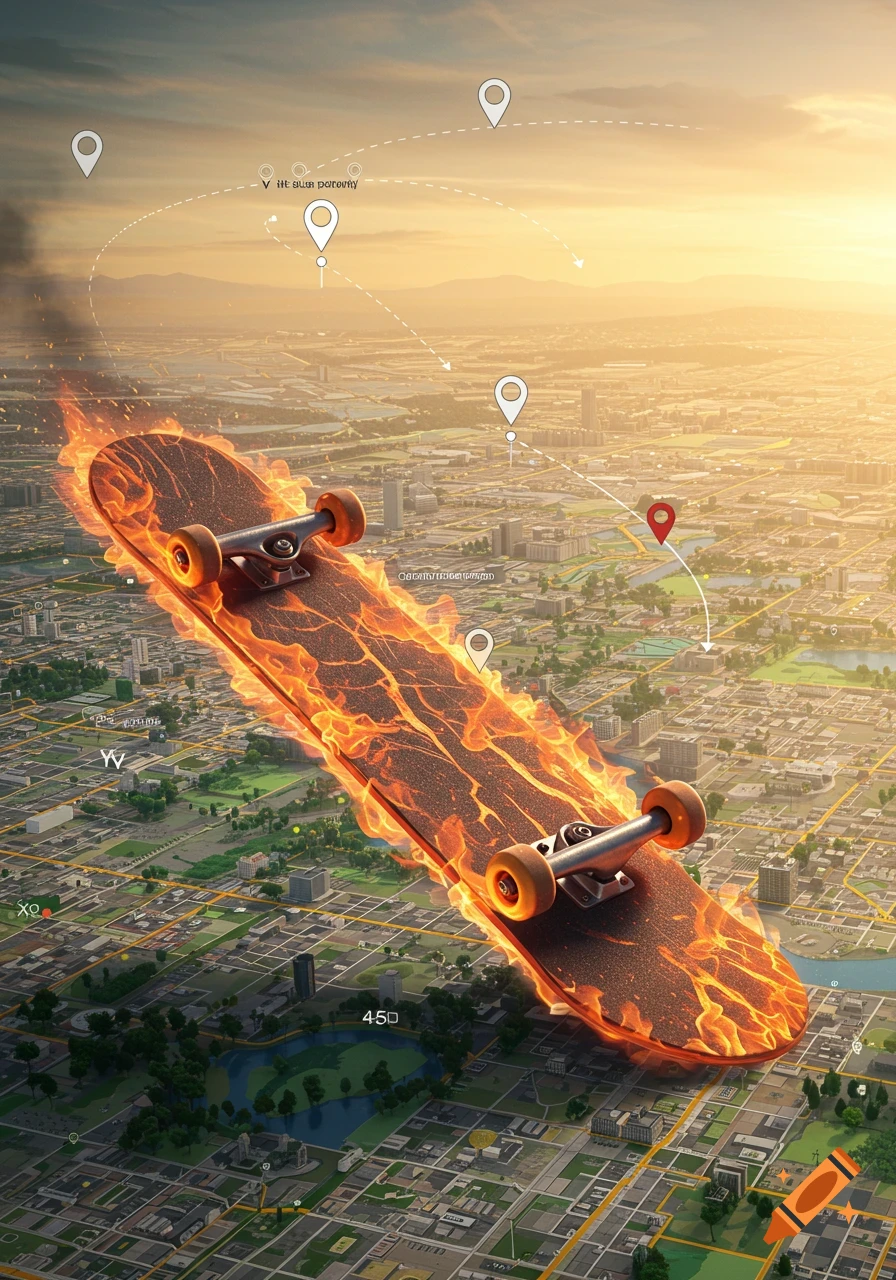 A flaming skateboard floats above a city overlaid with map pins and dotted lines at sunset.
