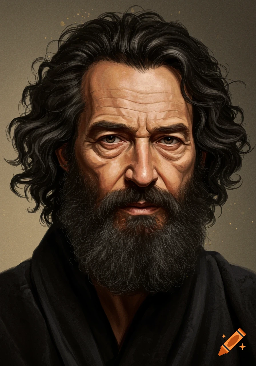 A digital painting of an aging man with dark curly hair and a full beard.