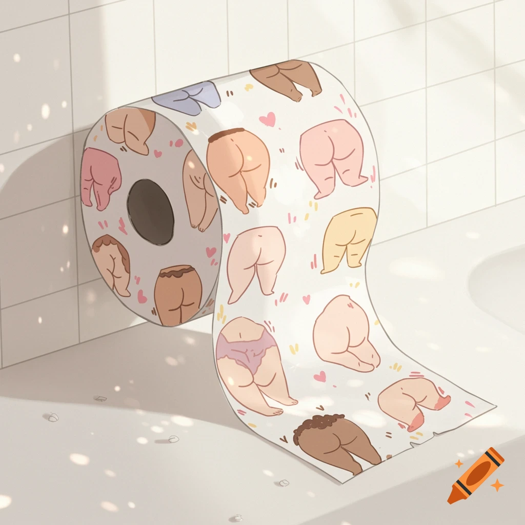 A cartoon illustration of a toilet paper roll patterned with various colorful cartoon bottoms and hearts in a bathroom.