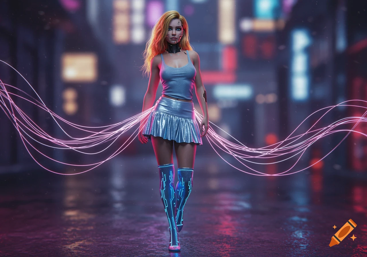 A blonde cyborg woman in a silver skirt and glowing blue boots stands on a rainy cyberpunk street with pink light trails.