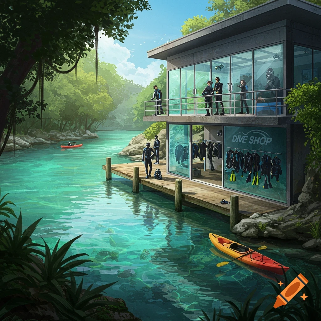 An illustrative scene of a modern dive shop on a wooden dock next to a clear turquoise river with people in wetsuits and kayaks.