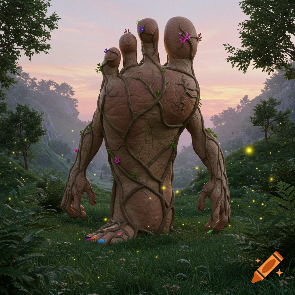 A giant foot-shaped creature with arms and legs, made of bark and vines, stands in a magical glowing forest at sunset.