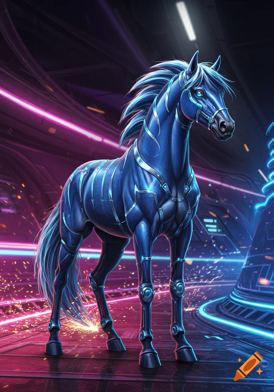 A blue cyberpunk horse with glowing eyes and metallic armor stands in a neon-lit futuristic setting.