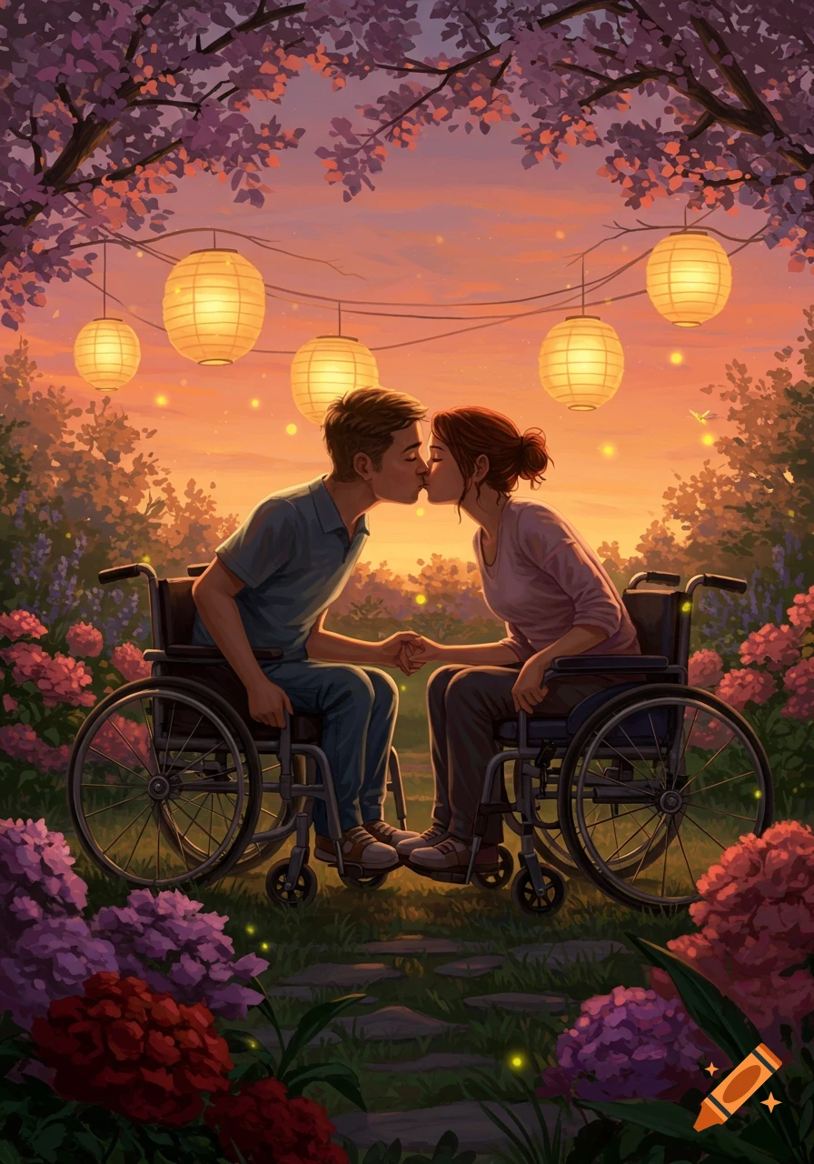 A disabled couple in wheelchairs kissing and holding hands in a cherry blossom garden at sunset with glowing lanterns, in a digital art style.