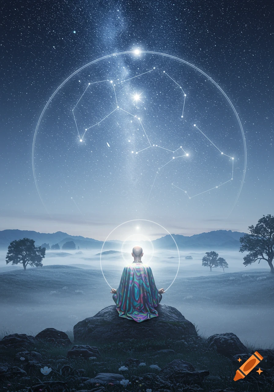 A person meditates on a rock in a misty mountain landscape under a starry night sky with constellations and a glowing aura.