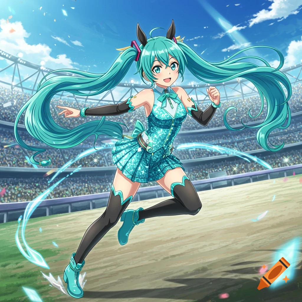 Hatsune Miku with horse ears and long turquoise pigtails, wearing a sparkling blue outfit, running on a track in a sunny stadium in an anime style.