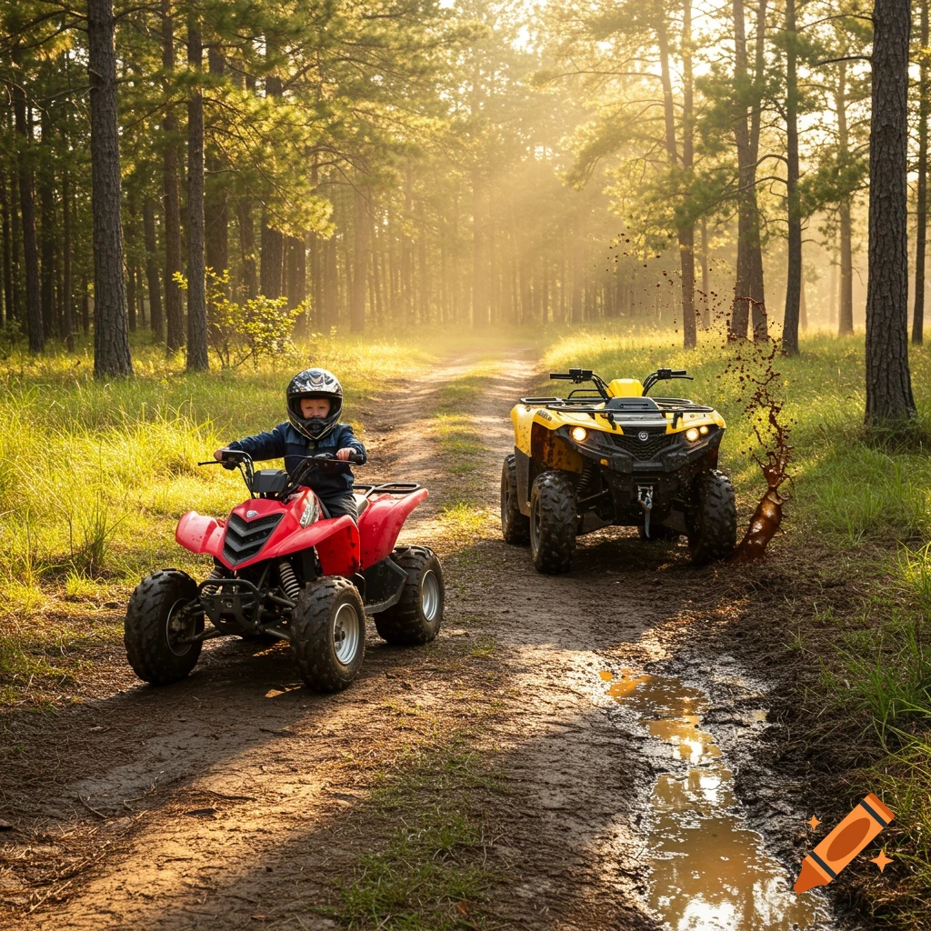 A young child in a helmet rides a red ATV on a muddy forest path, with an adult's yellow ATV and mud splashing nearby under warm sunlight.