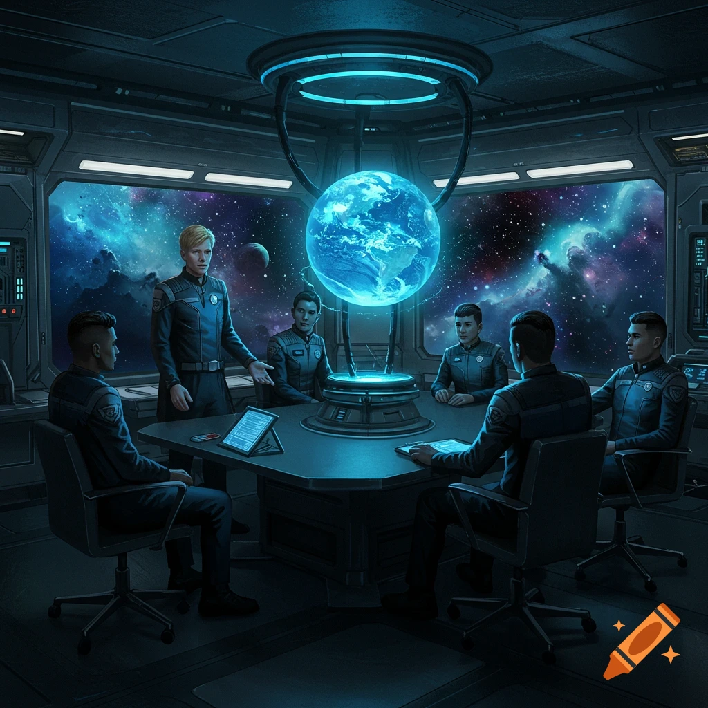 A group of people in sci-fi uniforms meet in a spaceship room with a glowing blue globe and a starry view.