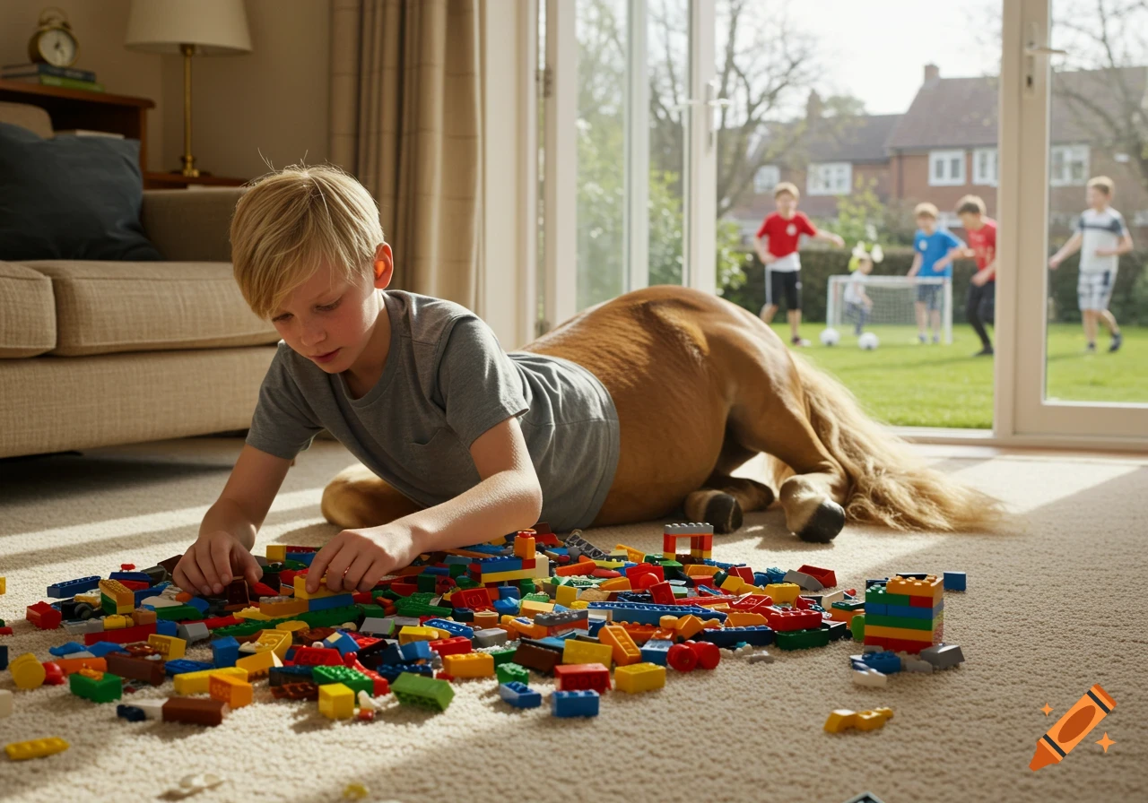 A photorealistic image of a blond centaur boy playing with colorful Lego bricks on a carpeted living room floor, while other children play soccer outside a large window.