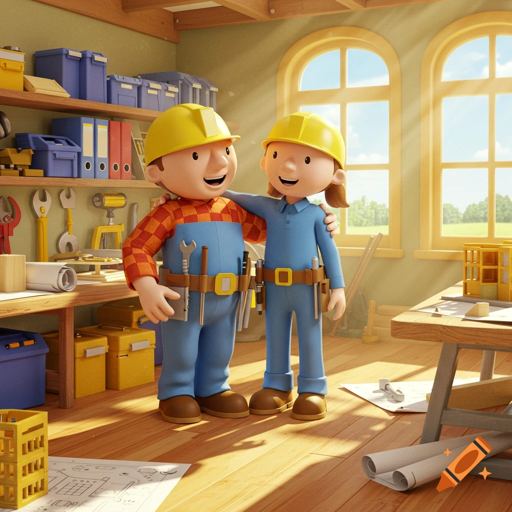 Cartoon characters Bob the Builder and Wendy wearing yellow helmets and blue overalls, smiling in a brightly lit workshop.
