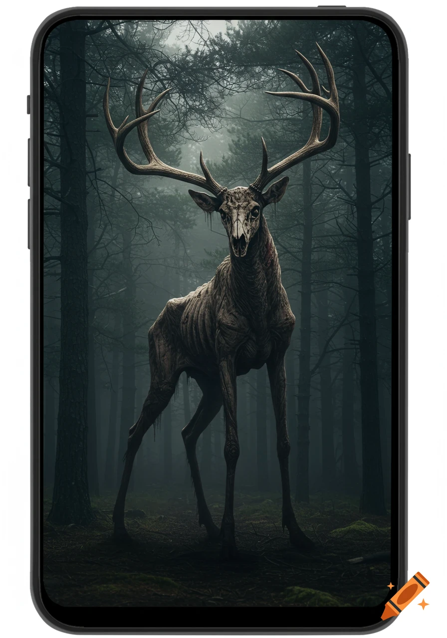 A monstrous, gaunt deer with massive, twisted antlers stands in a dark, misty pine forest.