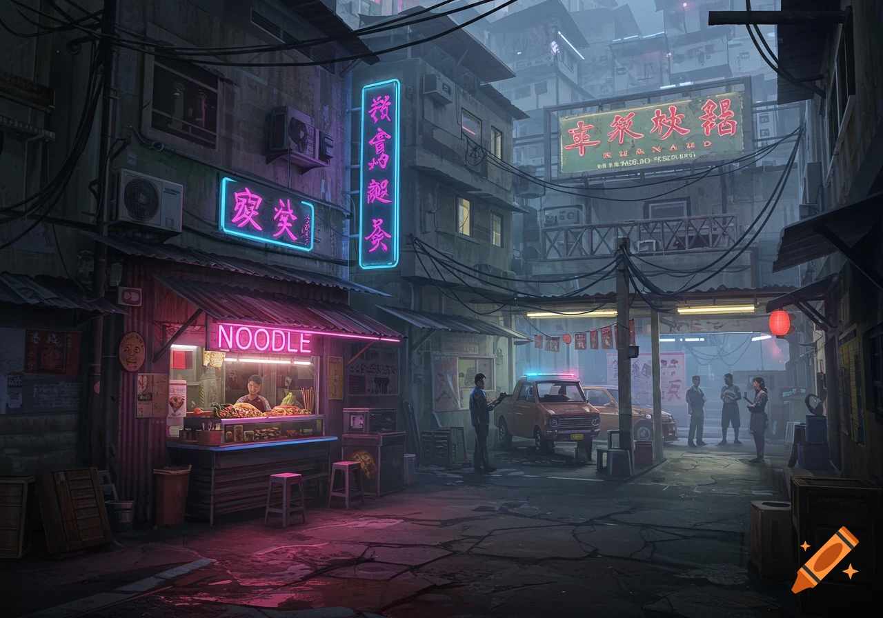 A vibrant, neon-lit cyberpunk street scene in an Asian city slum at night, featuring a noodle shop and a police car.