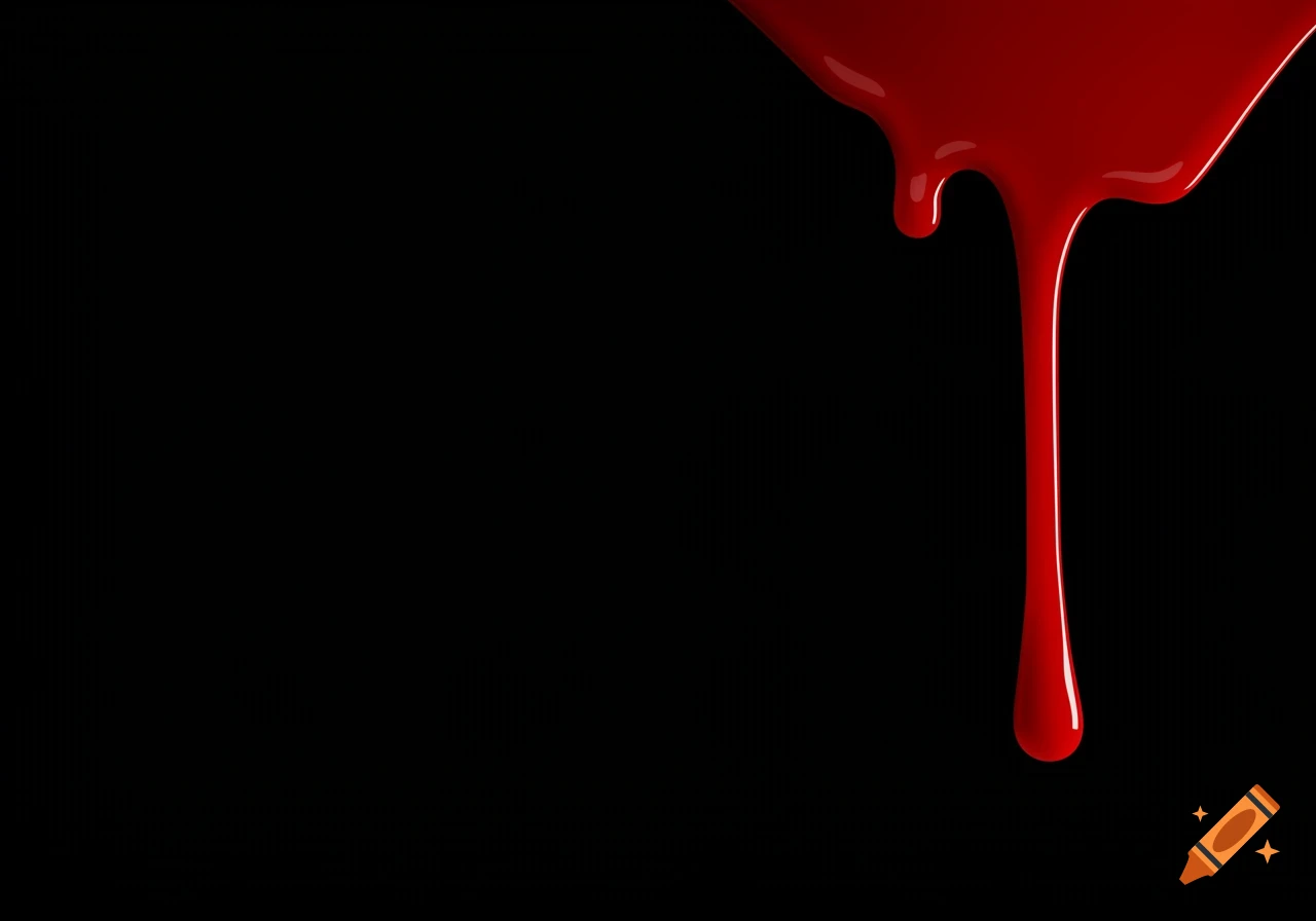 Red liquid, resembling blood, drips from the top right against a solid black background.