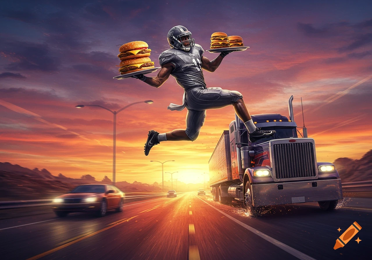 A surreal painting of a football player in uniform leaping over a semi-truck on a highway at sunset, holding two trays of cheeseburgers.