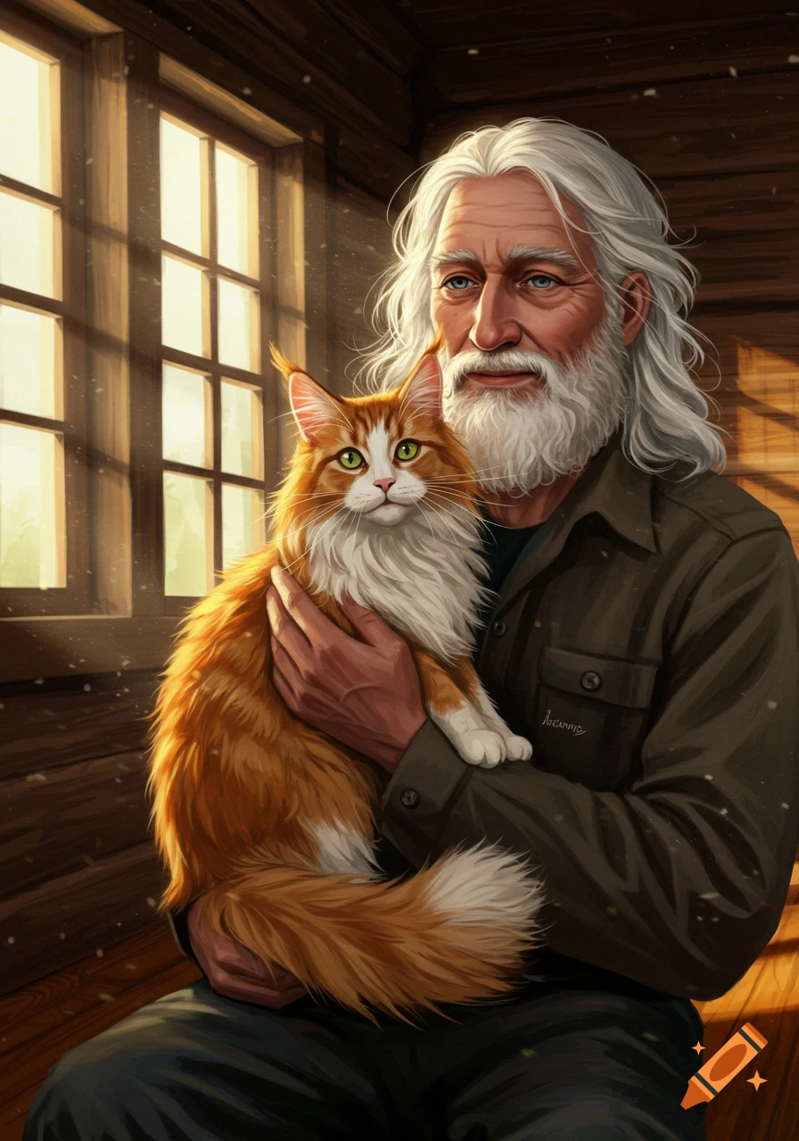 A man with long white hair and beard holds a fluffy orange and white Maine Coon cat, in a rustic indoor setting with sunlight streaming through a window.