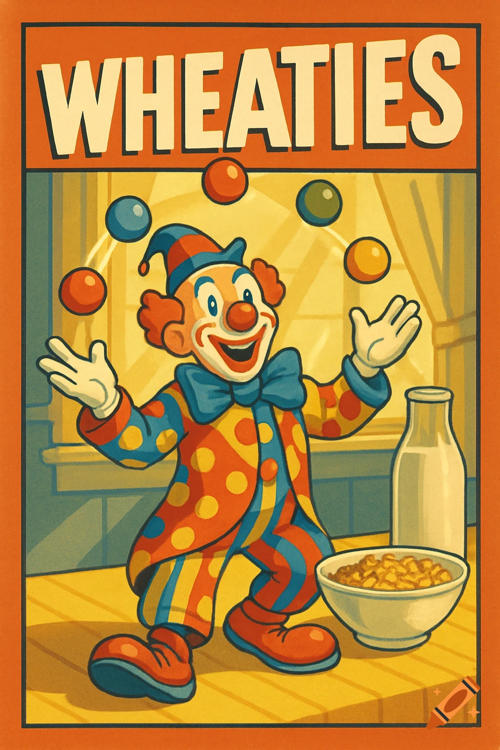 A cheerful clown juggles colorful balls on a Wheaties cereal box-style retro illustration with a bowl of cereal and milk.