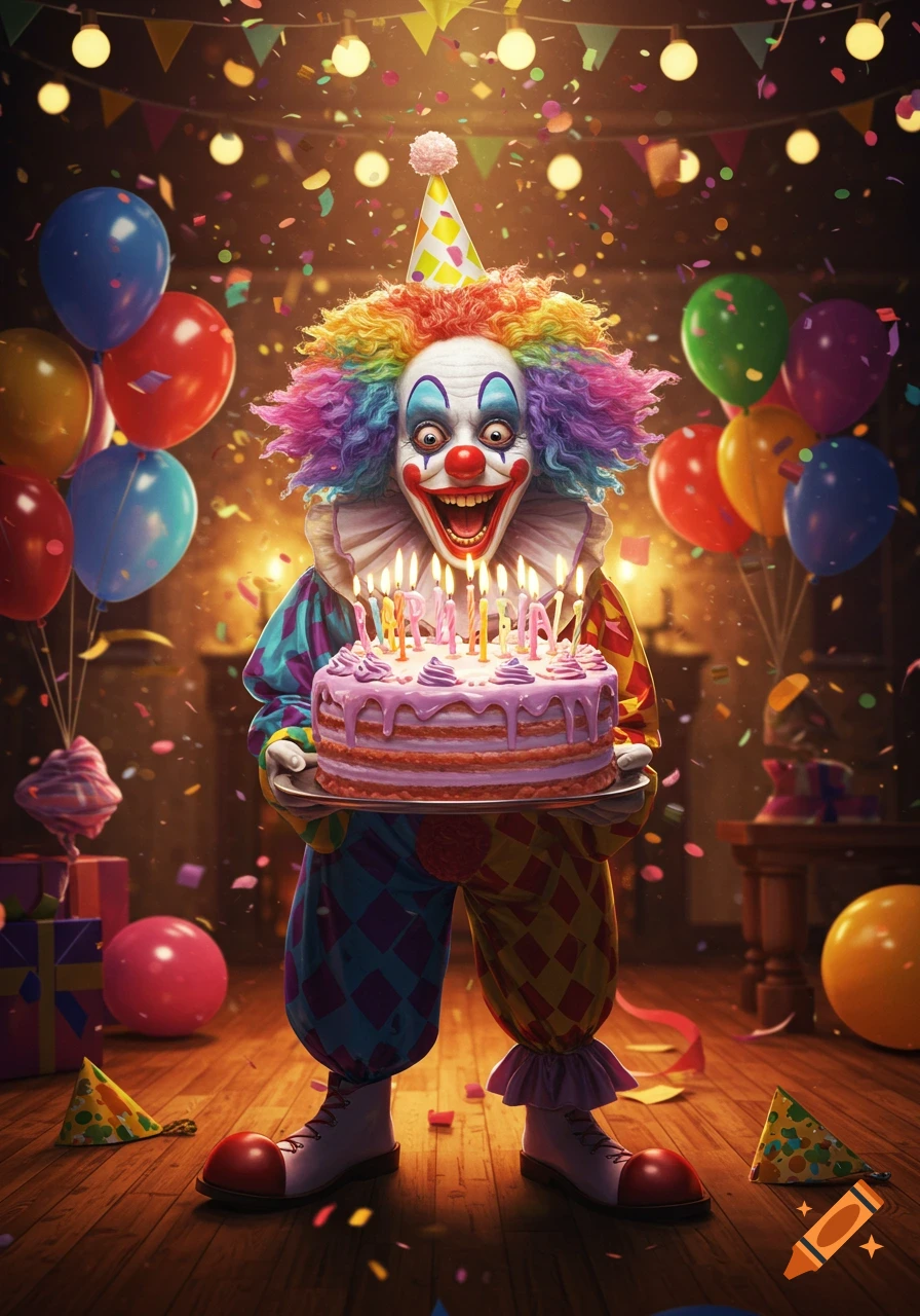A colorful, creepy clown wearing a party hat holds a birthday cake with lit candles amidst confetti and balloons in a dimly lit room.