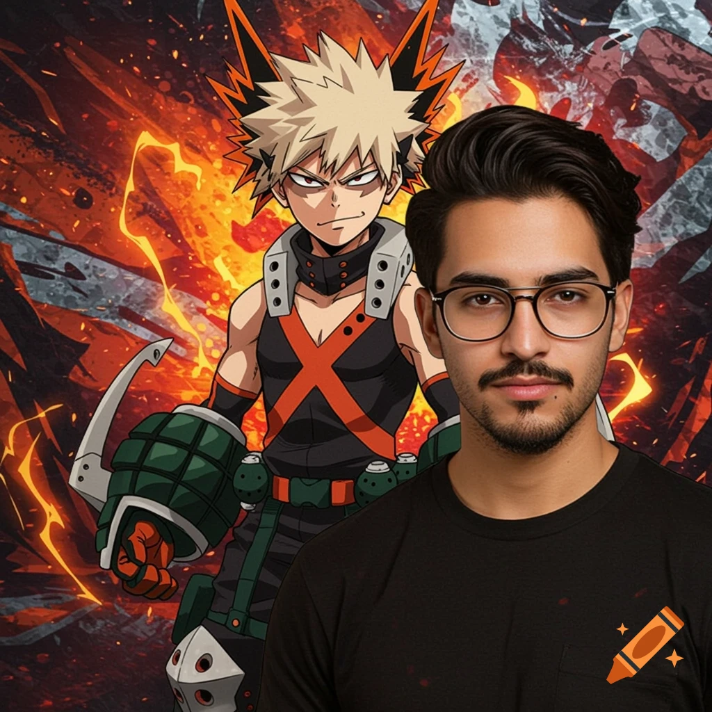 A man with glasses and a goatee in a black t-shirt stands in front of anime character Katsuki Bakugo with an explosion background.