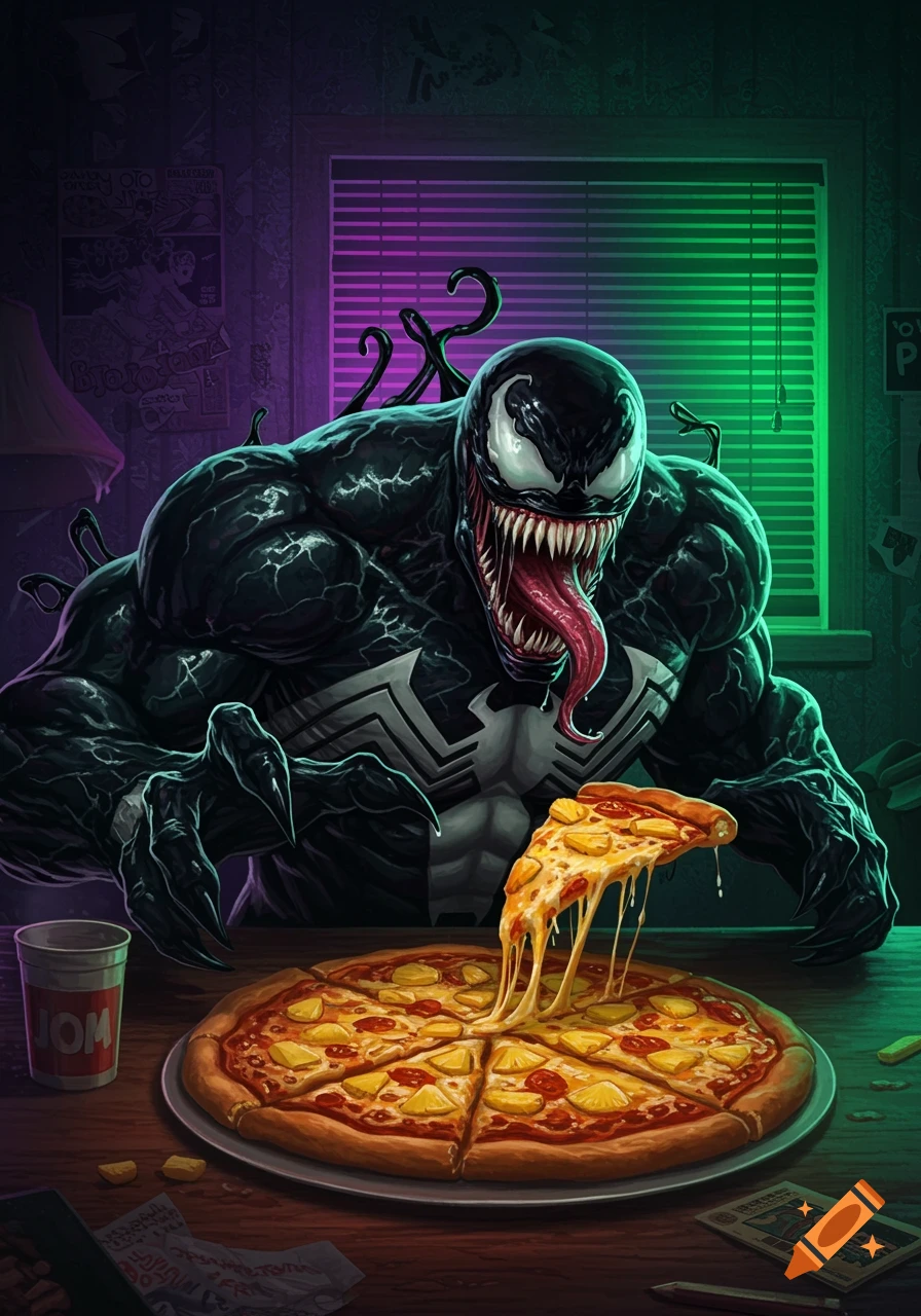 Venom, the Marvel symbiote, licks a slice of pineapple pizza in a dimly lit room with purple and green neon lighting, in a comic book art style.