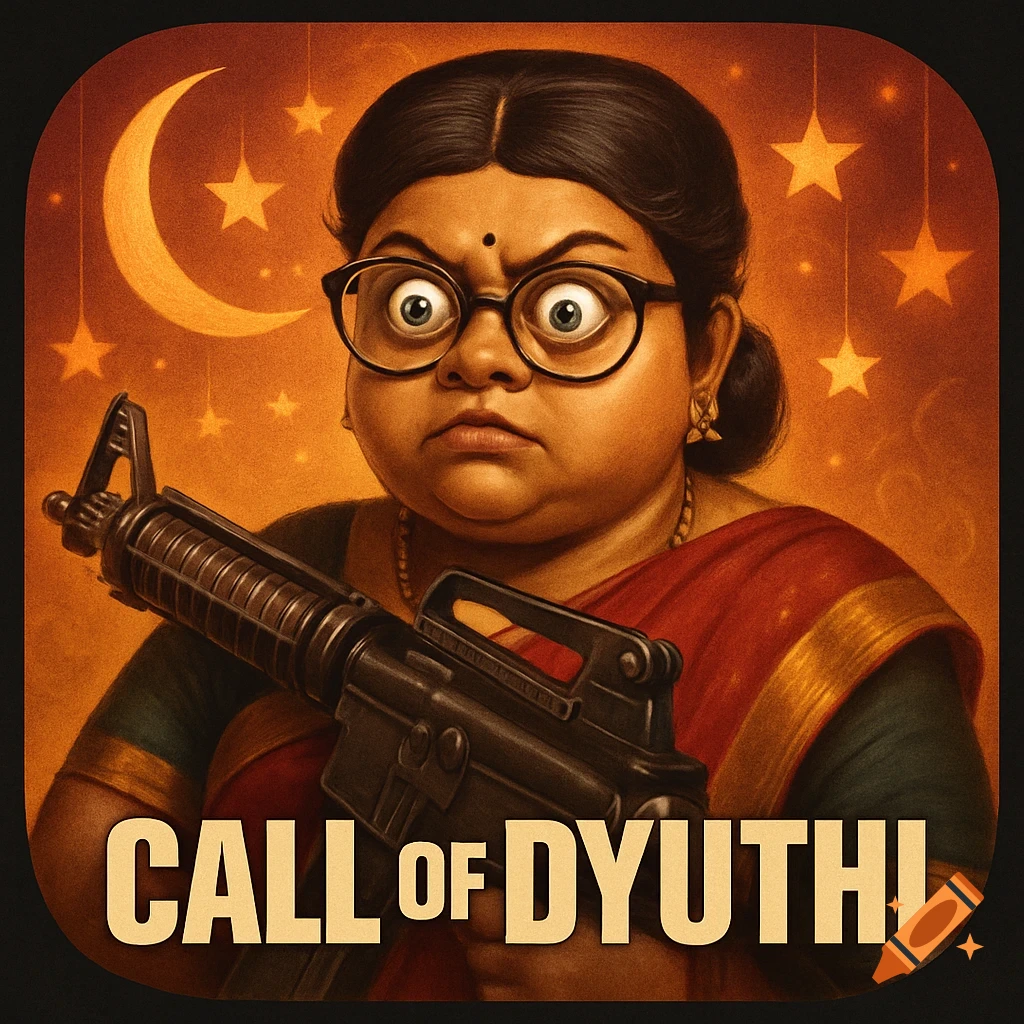 A stylized app icon featuring an Indian woman with wide eyes and glasses, holding an assault rifle, on an orange starry background with a crescent moon. Text: CALL OF DYUTHI.