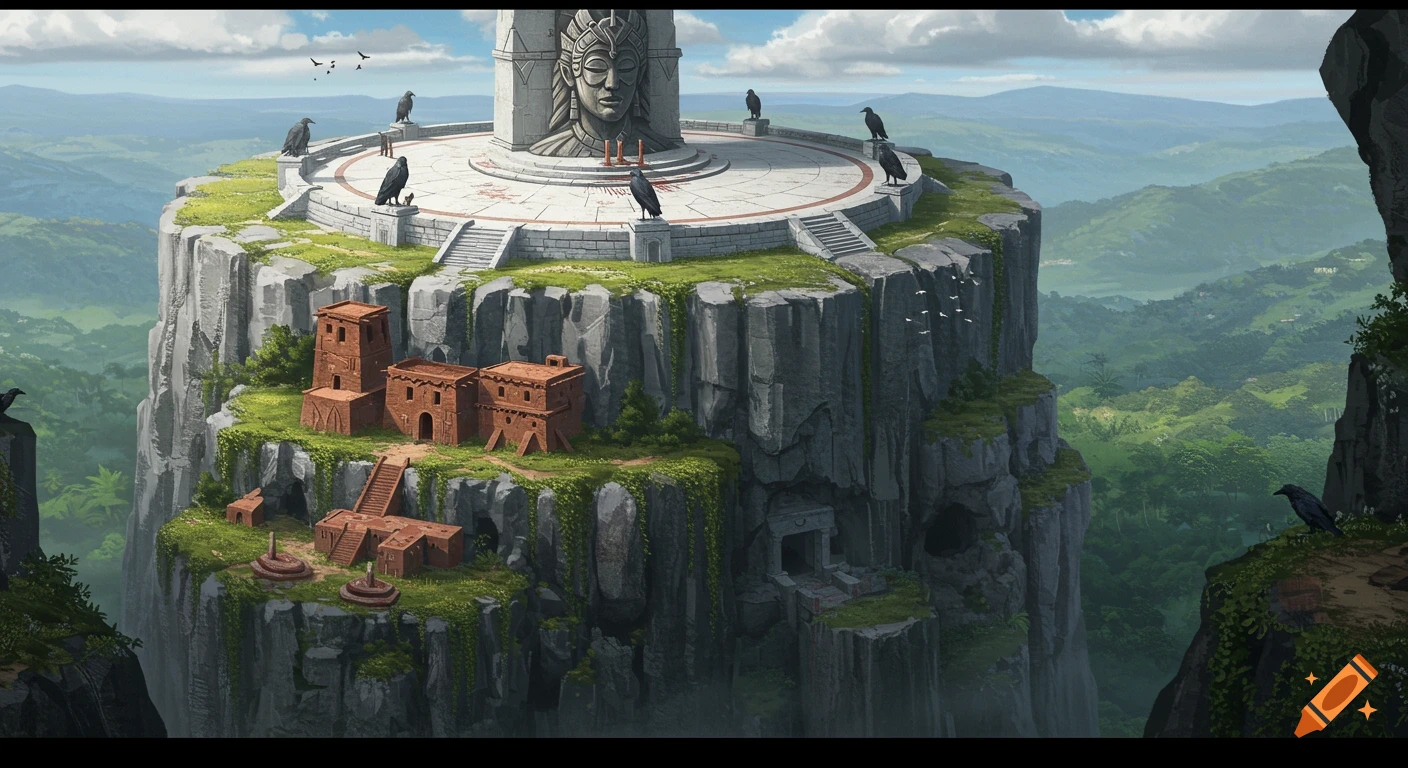 A majestic gray stone mesa with a plaza, masked statue, and raven statues on top, and pueblo buildings on ledges, overlooking a lush green valley.