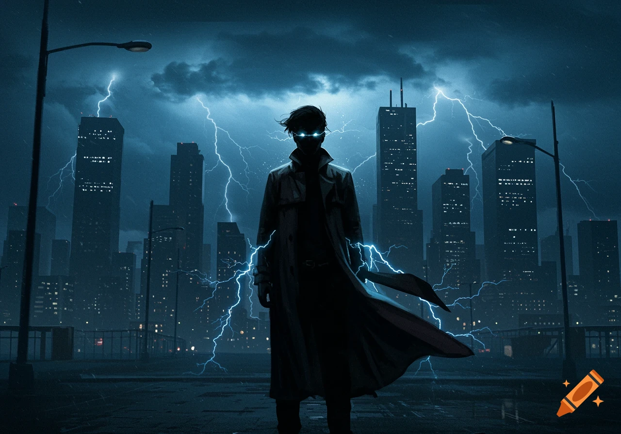 A dark, silhouetted figure with glowing blue eyes stands in a rainy city street amidst a lightning storm, with towering skyscrapers in the background.