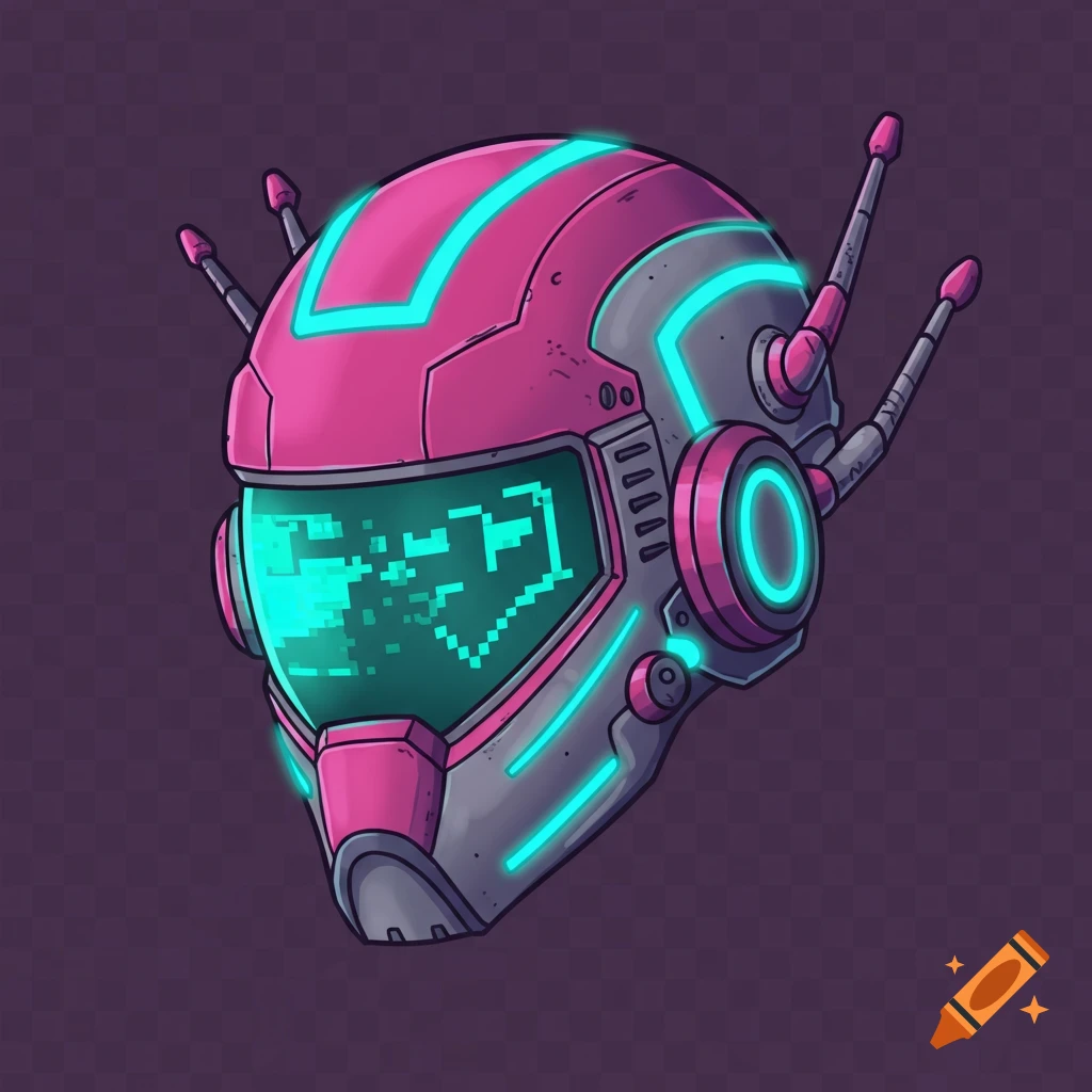 A pink and grey futuristic robot helmet with teal glowing accents and a pixelated green visor, in a cartoon style.