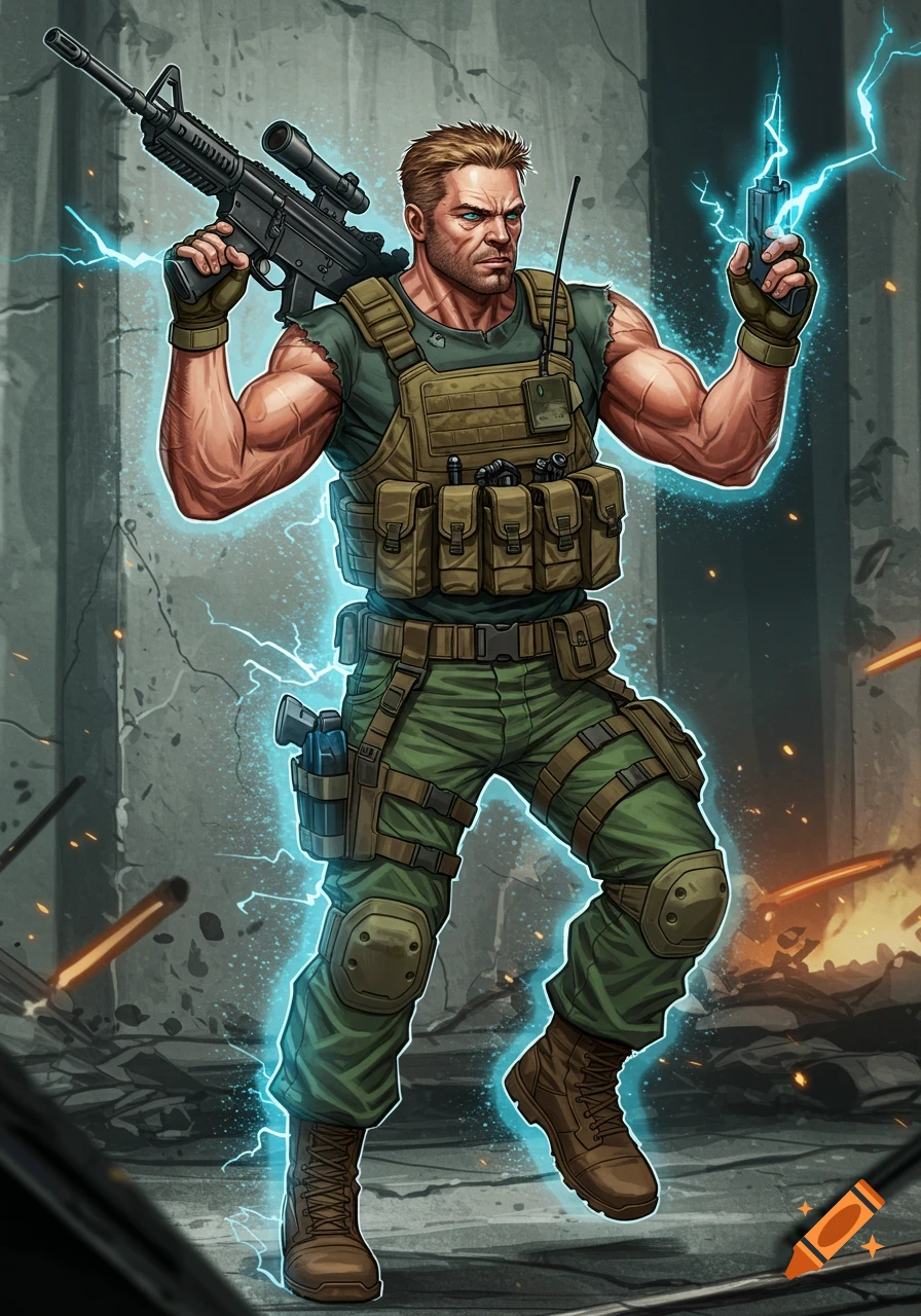 A muscular Caucasian mercenary in military gear, glowing with blue lightning, holds an M4 rifle and pistol in a comic book style.