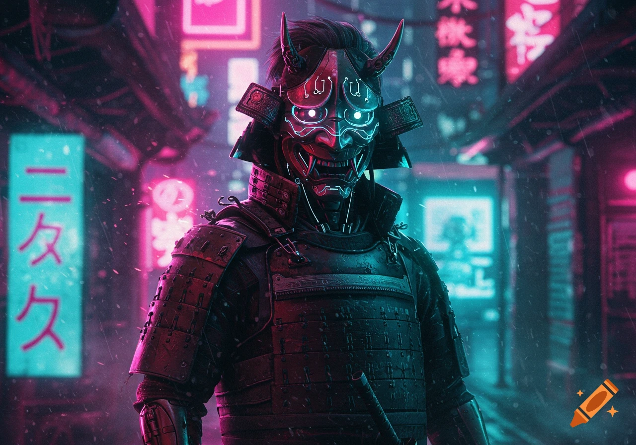 Cyberpunk samurai in horned oni mask stands in a rainy city street with neon signs.
