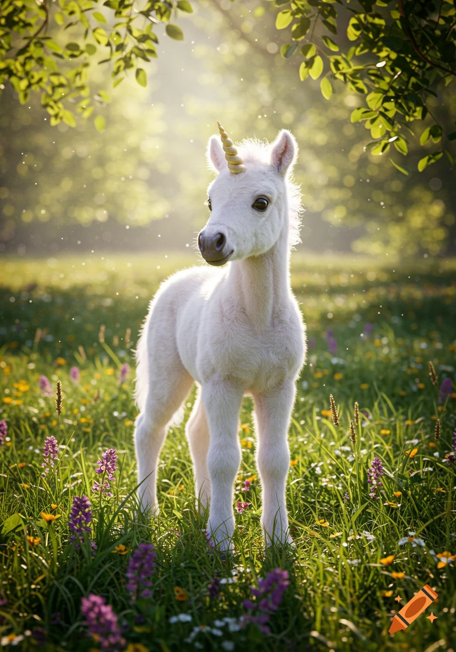 A cute, photorealistic baby unicorn stands in a sunny meadow filled with colorful wildflowers and lush green grass.