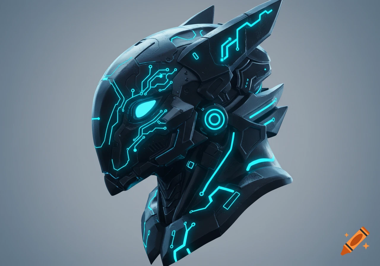 A dark, sleek protogen head in profile with glowing electric blue circuit patterns and eyes against a gray background.