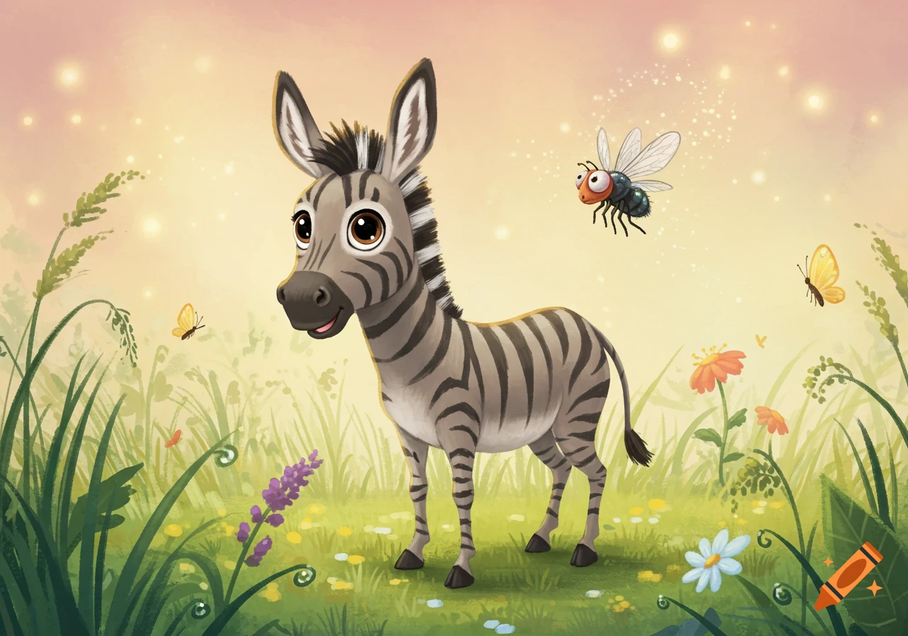 A cartoon zebra stands in a grassy field with flowers, looking at a fly hovering nearby, and butterflies flying in a whimsical illustration style.
